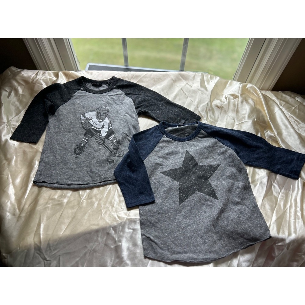 EUC Pixie Lane Lot of 2 Gray Raglan Shirt 3/4 Sleeve Graphic Tee Hockey Star
